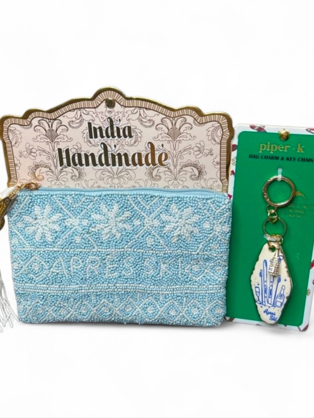 💙▪️Handmadein India ▪️ Beaded Light Blue Apres Ski Beaded Coin With Bag Charm